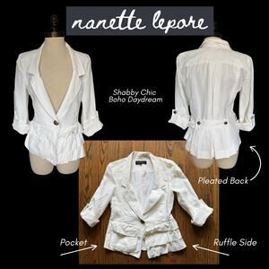 Anthro White Linen Jacket Asymmetry Ruffle Pleated ShabbyChic Boho Coastal Artsy